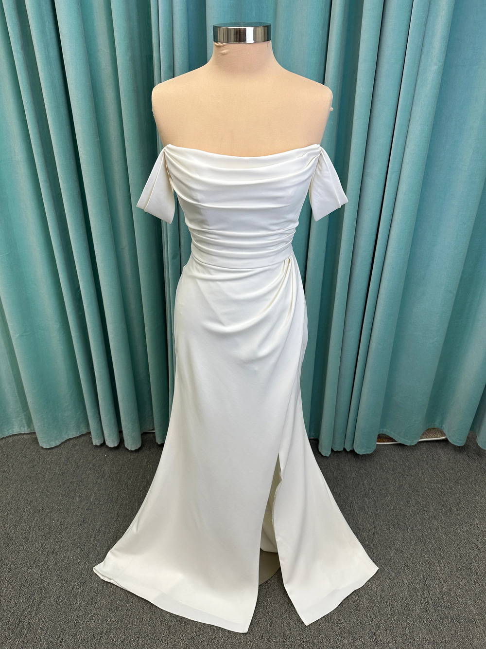 Tai Off-the-Shoulder Draped Crepe Sheath Wedding Dress with Slit Sz 8 Ivory